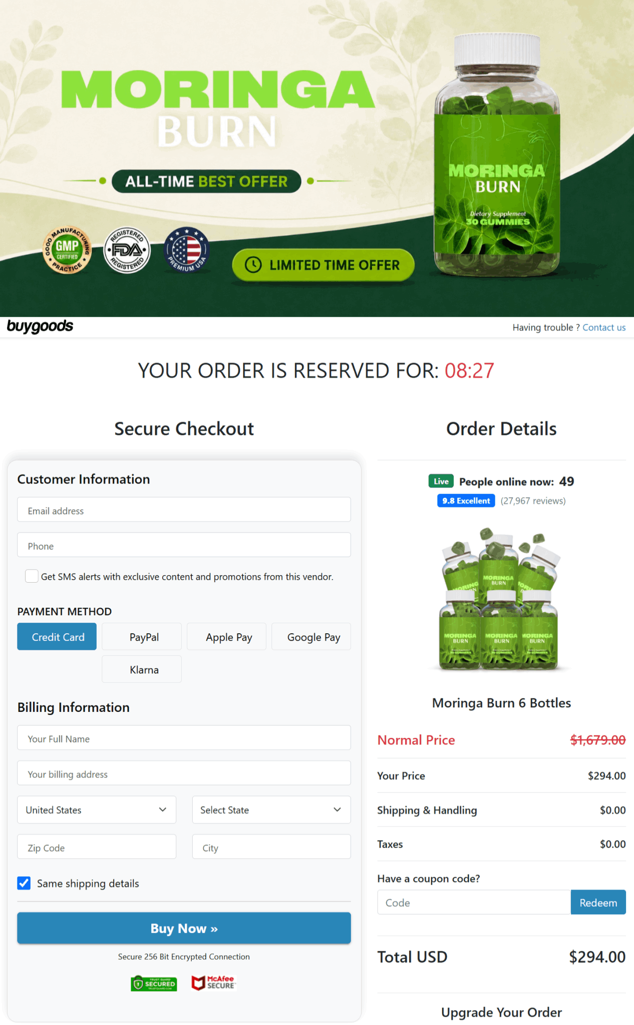 moringa burn secure checkout
